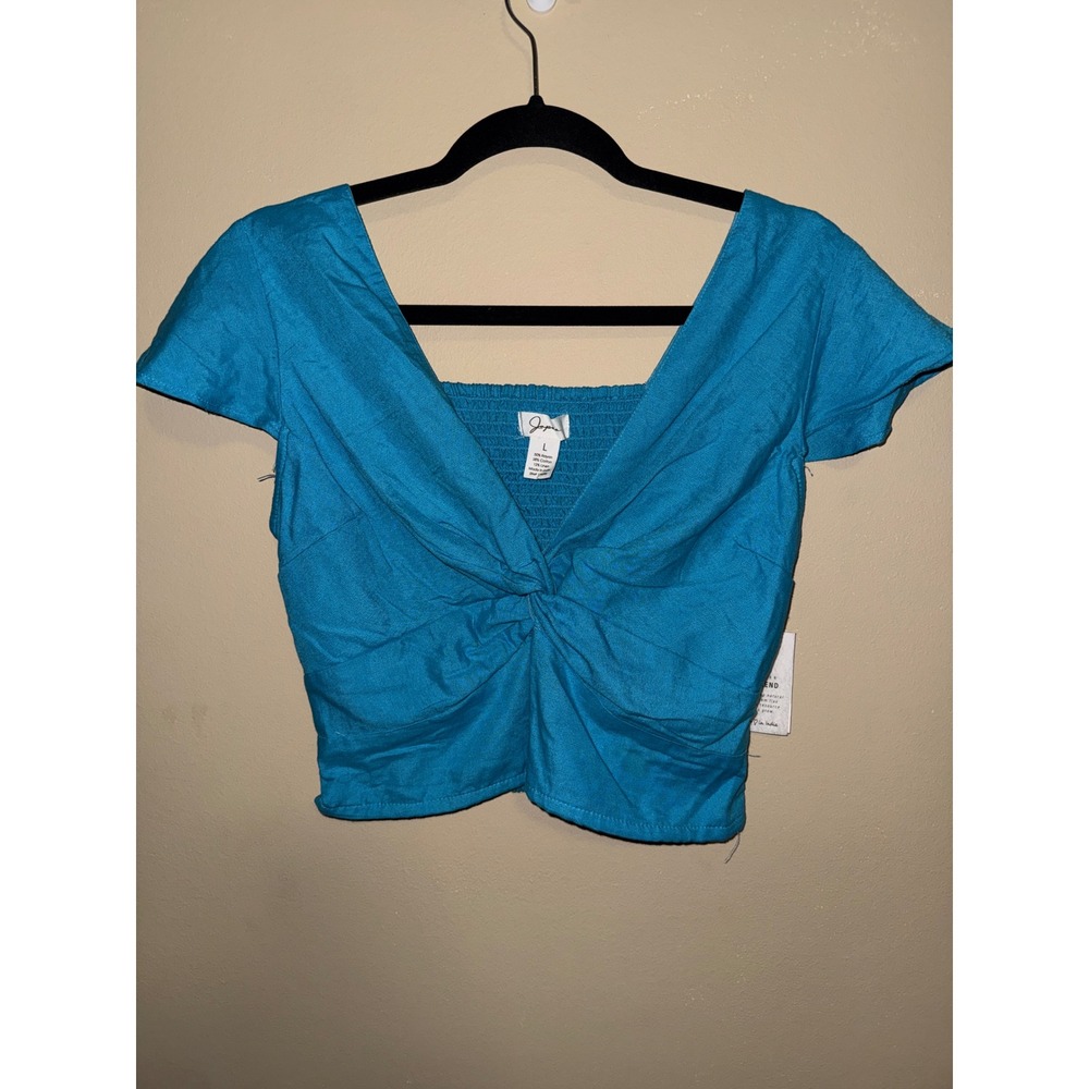 Womens Turquoise Blue Linen Blend Twist Front Smock Crop Top NWT L Boho Festival